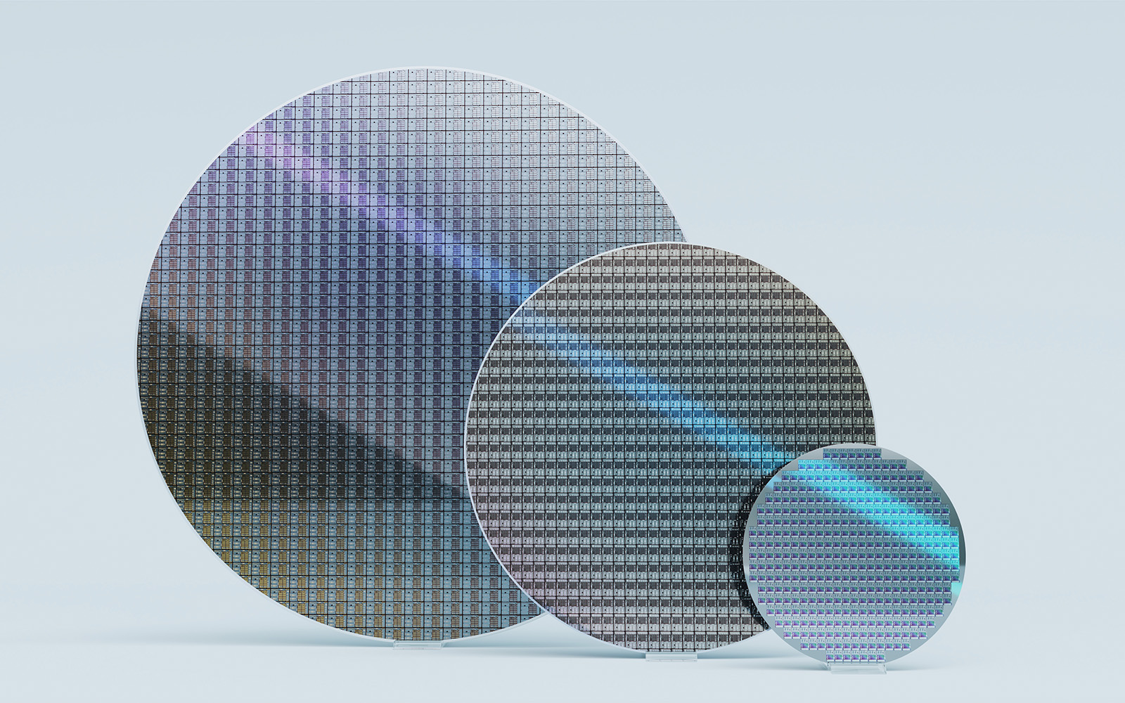 Set of Three Silicon Wafers of Different Sizes, 300mm, 200mm and 100mm