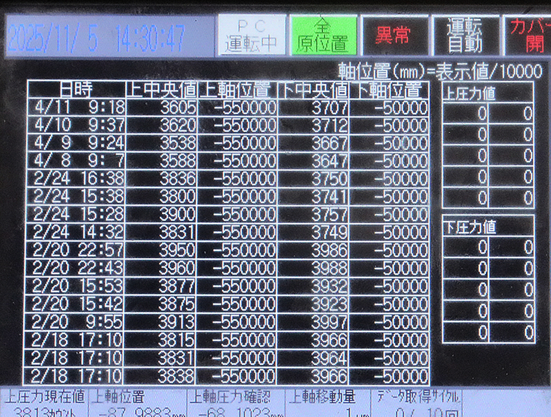 PLCに出力された砥石摩耗量計測履歴データ